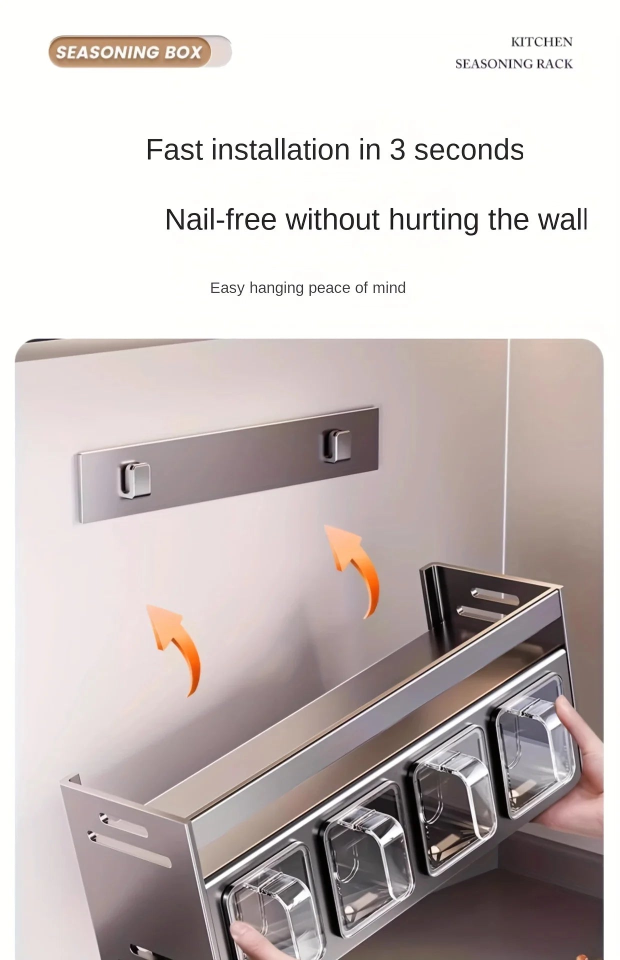 Wall mounted kitchen spice rack storage set without drilling, with sealed containers and distributors, suitable for home use