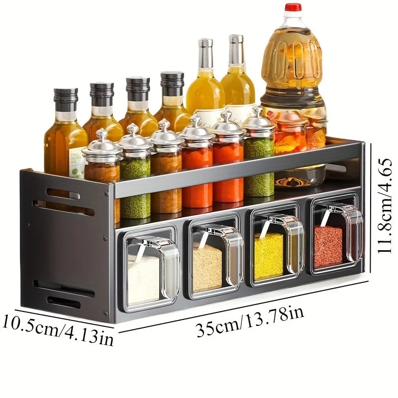 Wall mounted kitchen spice rack storage set without drilling, with sealed containers and distributors, suitable for home use
