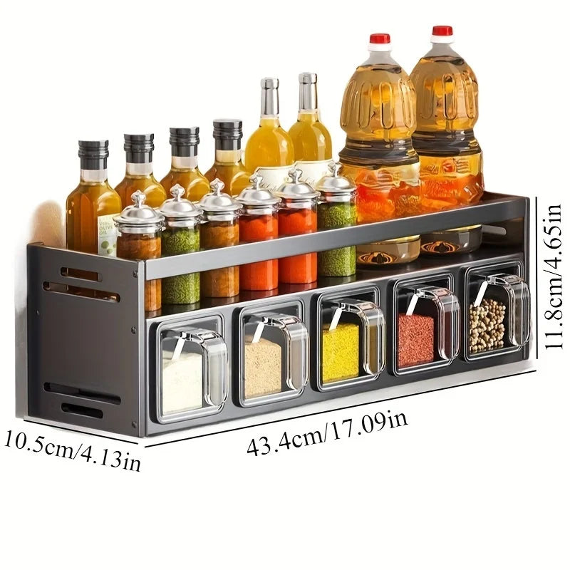 Wall mounted kitchen spice rack storage set without drilling, with sealed containers and distributors, suitable for home use