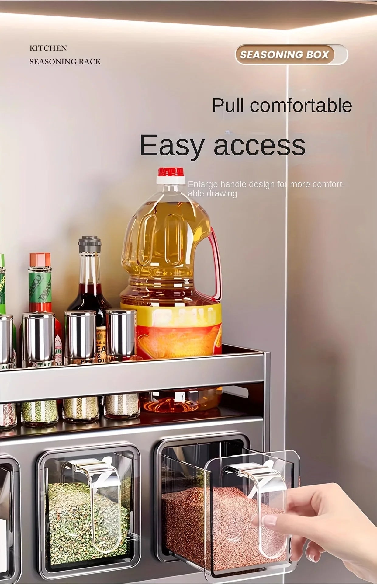 Wall mounted kitchen spice rack storage set without drilling, with sealed containers and distributors, suitable for home use