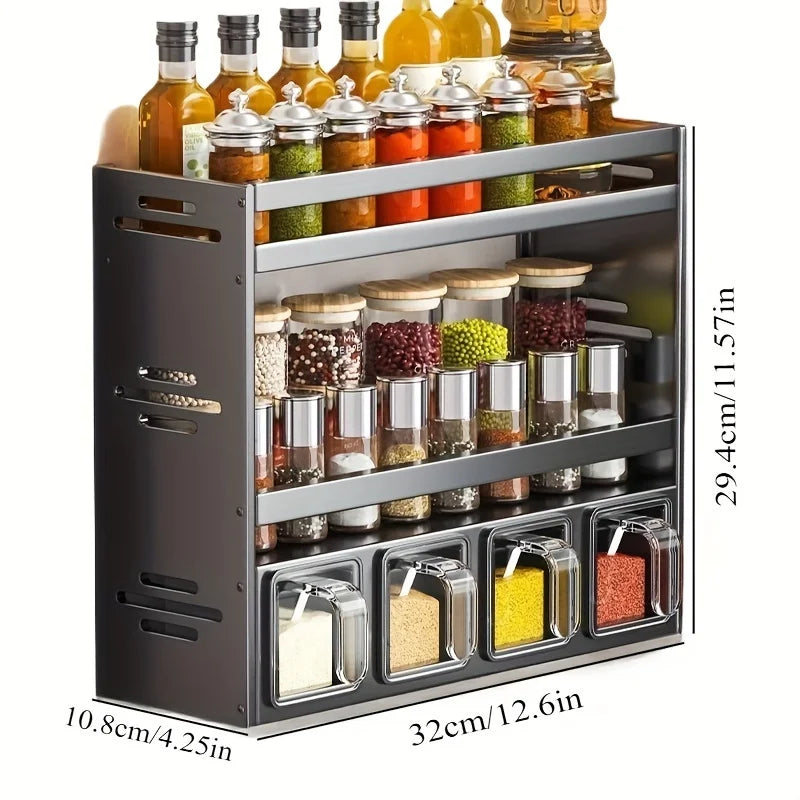 Wall mounted kitchen spice rack storage set without drilling, with sealed containers and distributors, suitable for home use