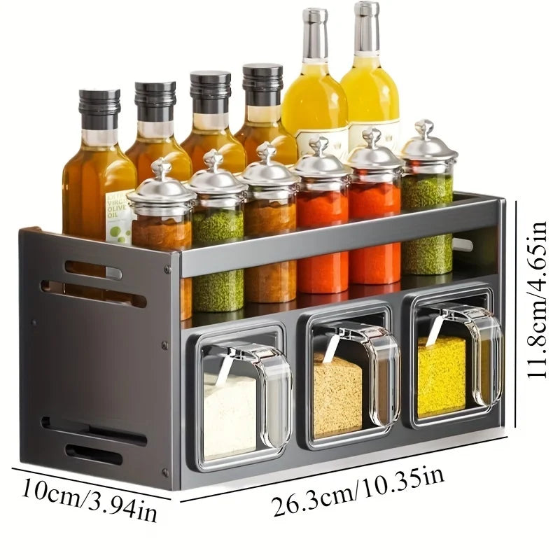 Wall mounted kitchen spice rack storage set without drilling, with sealed containers and distributors, suitable for home use