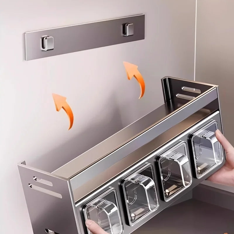 Wall mounted kitchen spice rack storage set without drilling, with sealed containers and distributors, suitable for home use