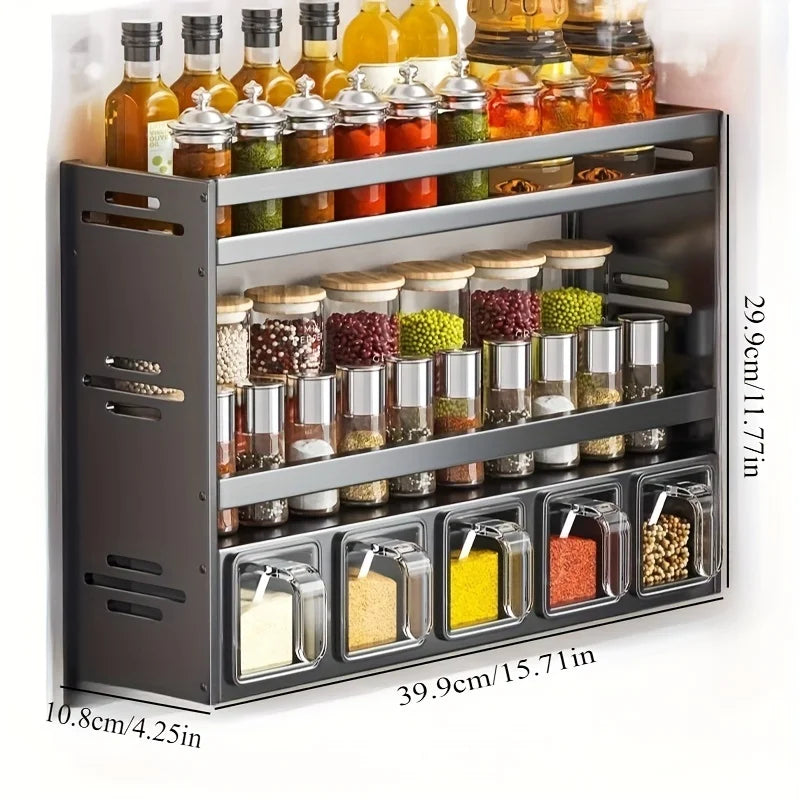 Wall mounted kitchen spice rack storage set without drilling, with sealed containers and distributors, suitable for home use