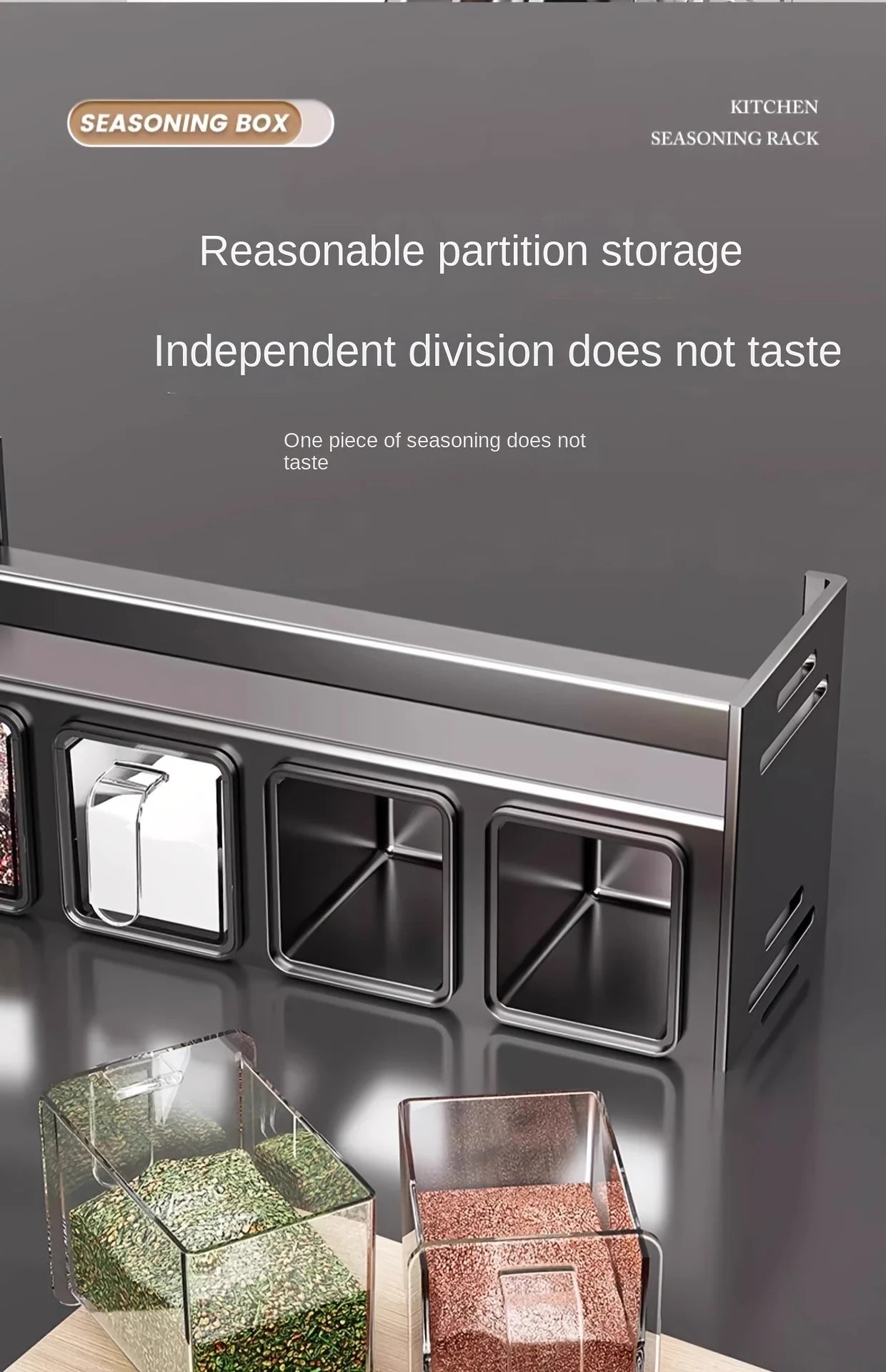 Wall mounted kitchen spice rack storage set without drilling, with sealed containers and distributors, suitable for home use