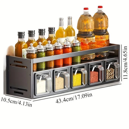 Wall mounted kitchen spice rack storage set without drilling, with sealed containers and distributors, suitable for home use