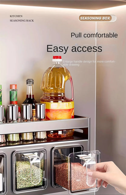 Wall mounted kitchen spice rack storage set without drilling, with sealed containers and distributors, suitable for home use